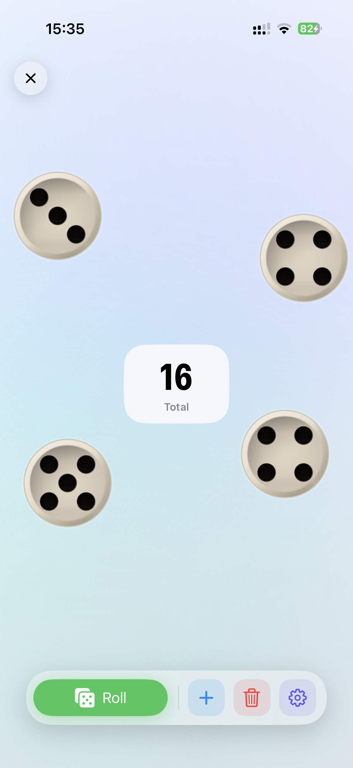 3D dice roller showing four dice with a total score of 16