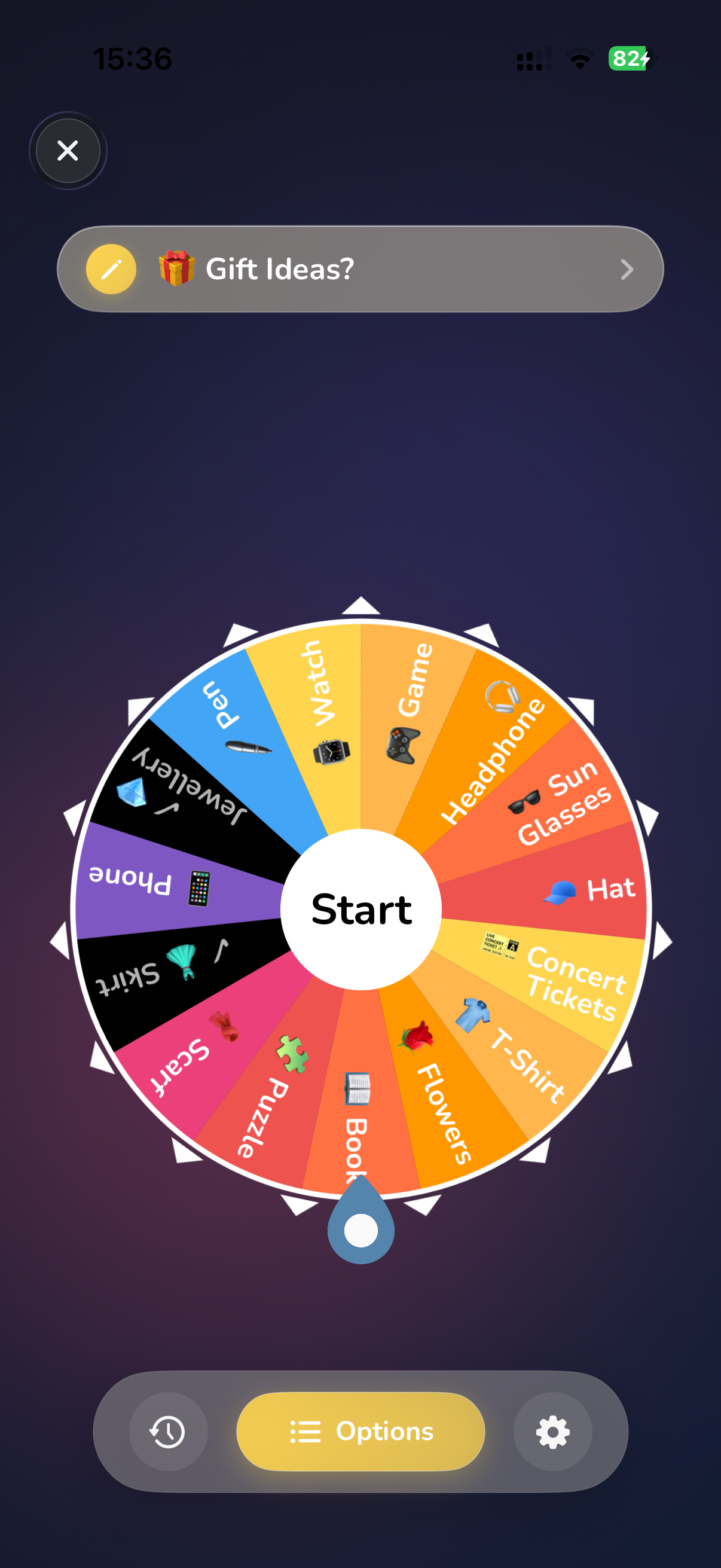 Random Decision spin wheel showing Gift Ideas