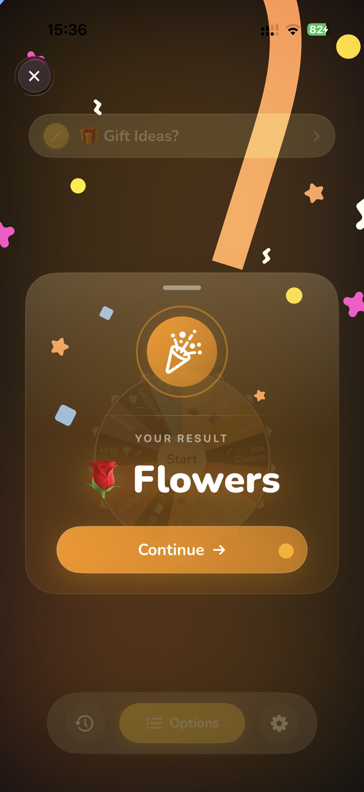 Spin wheel result showing Flowers with celebration confetti animation