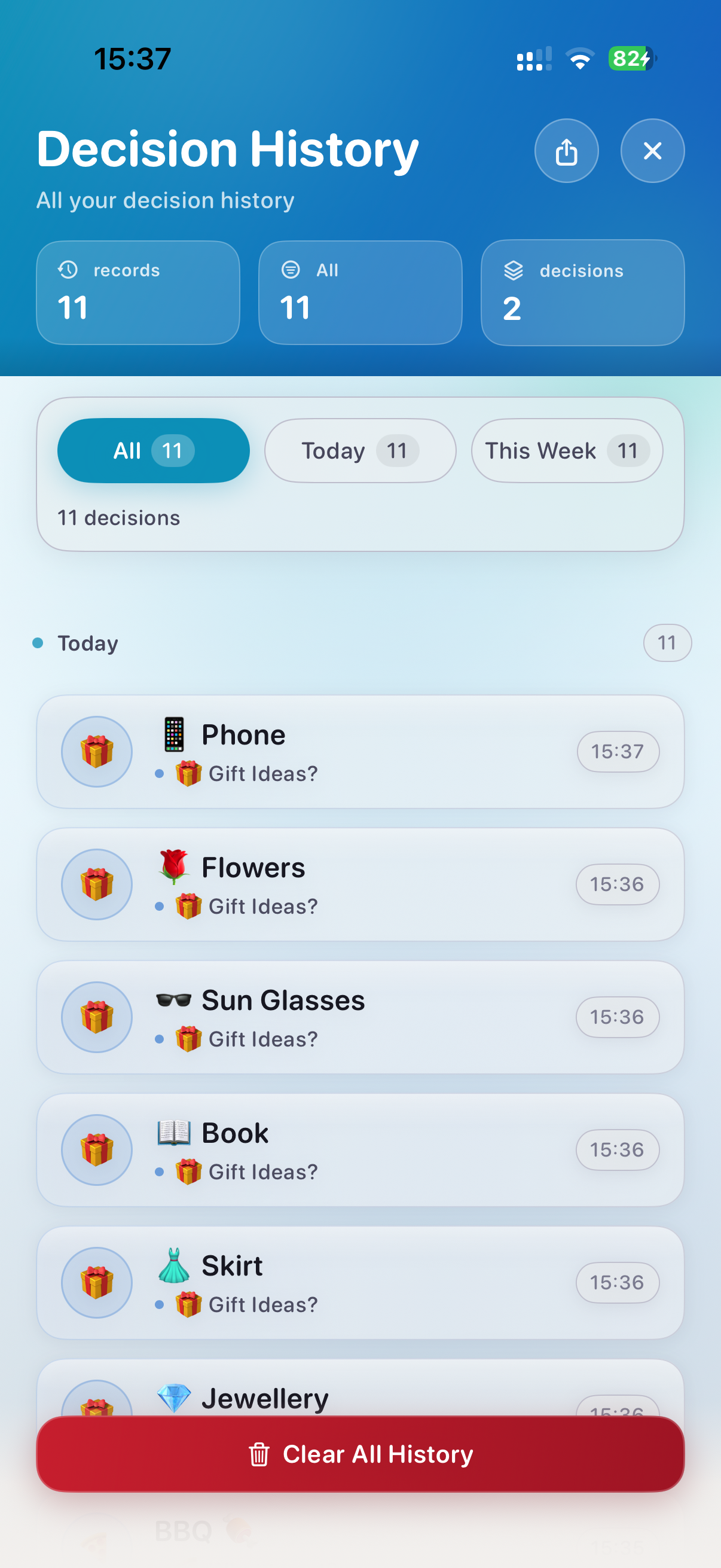 Decision history screen showing all past random choices